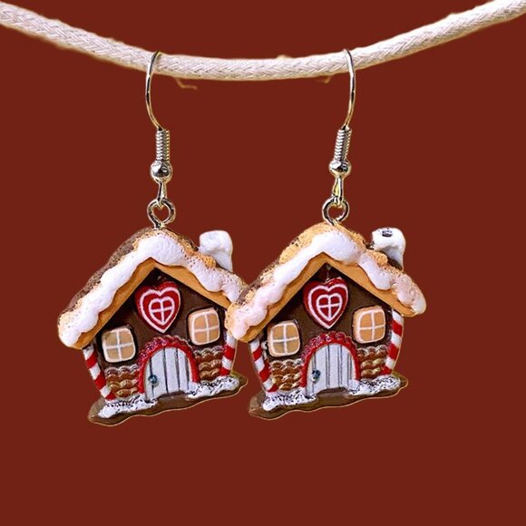 Gingerbread House Dangle Earrings Synthetic Resin 1 1/2" Drop Colorful - Picture 3 of 8
